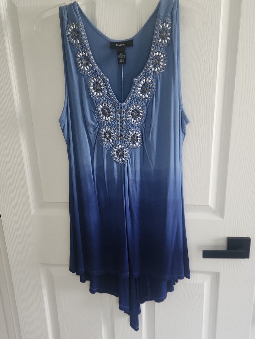 Style & Co. Blue Ombre Embellished V-Neck Tunic Top Sz. L
